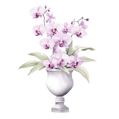 floral clipart watercolor illustration white urn vase with a graceful silhouette displays a bouquet of delicate light purple orchids, complemented by green foliage