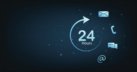 24-hour services concept. 24-hour circle arrow service icon vector illustration shows Customer service, Customer help, and Tech support on a dark blue background.	