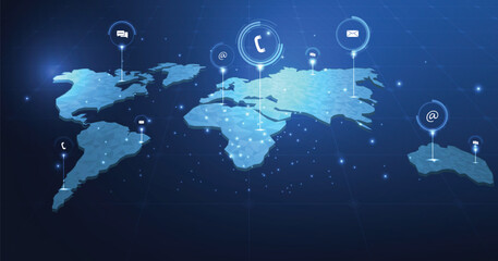 Contact us or the Customer support hotline connect concept. call center service provider, advice to customer help, and support services are digital on a dark blue background.	