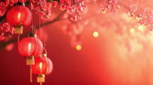 Chinese new year, year of the zodiac sign of the dragon hanging lanterns and beautiful flowers