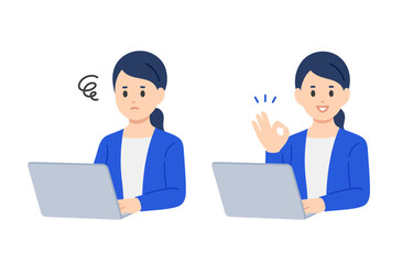 パソコンを見て悩む･OKポーズをするビジネスパーソン女性のセット【人物ベクターイラスト素材】