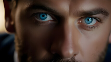 Close-up of a man's blue eyes.
