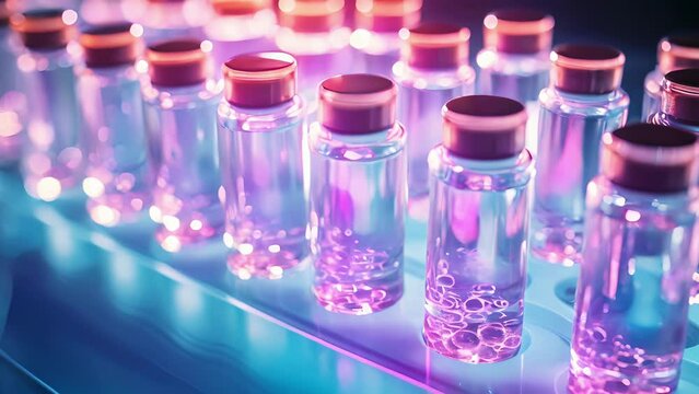 Exquisite vials of targeted chemotherapy drugs that have potential to stop the growth of cancer cells, neatly arranged in sterile medical environment.