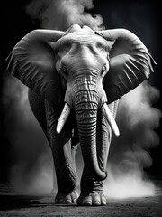 Majestic African Elephant - Dramatic smoke, weathered eyes, and majestic tusks in high-quality chiaroscuro photography Gen AI