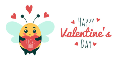 Cute insect bee with heart for Valentine day, cartoon character vector illustration