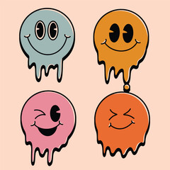 Fun Groovy Retro Drip Emoji Set colorful. Groovy Collection Style