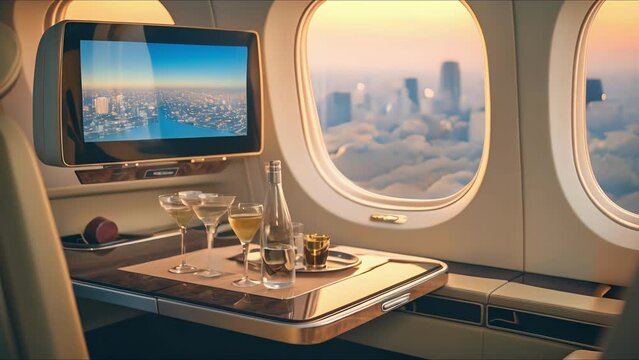With the sleek city skyline in the background, this private jets inflight entertainment system boasts a sleek and modern design, delivering endless hours of entertainment during your journey.