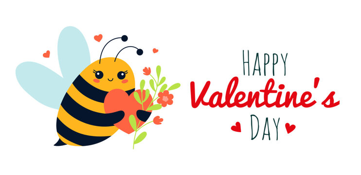 Cute insect bee with heart for Valentine day, cartoon character vector illustration