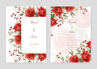 Red rose vector wedding invitation card set template with flowers and leaves watercolor