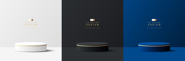 Set of luxury white, black and blue 3D cylinder podium realistic or pedestal stage for product display presentation. Minimal scene for mockup. stage showcase. 3d vector geometric form. - obrazy, fototapety, plakaty