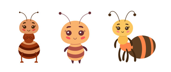 Cute cartoon insect ant, set of vector illustrations for children book