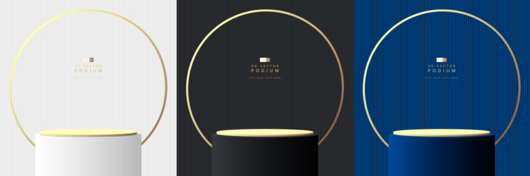 Set of abstract Luxury white, black and blue gold 3D cylinder podium pedestal realistic with golden ring shape and vertical background. Minimal wall scene for mockup. Stage for showcase.