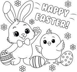 Cute Bunny and Chick saying Happy Easter and waving in greeting coloring page, a black and white vector illustration