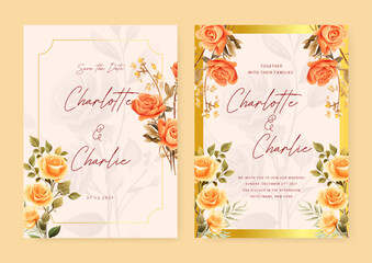 Yellow and orange rose luxury wedding invitation with golden line art flower and botanical leaves, shapes, watercolor