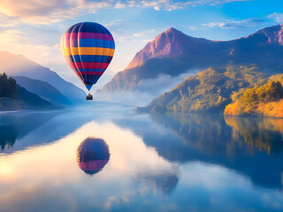 Beautiful hot balloons float over rivers and mountains.