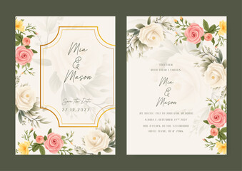 Yellow pink and white rose floral wedding invitation card template set with flowers frame decoration