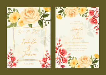 Yellow and red rose vector wedding invitation card set template with flowers and leaves watercolor