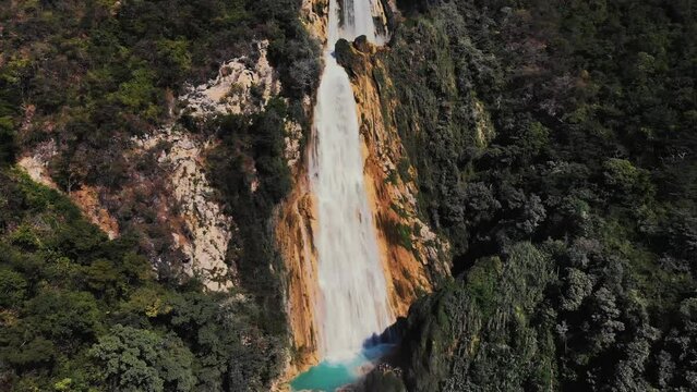 El Chiflon Waterfall cascading through Chiapas' lush forests. Aerial shot, Mexico