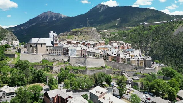 Briancon Fortified City in French Alps, France - Aerial 4k