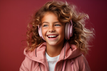 A little curly smiling girl, using headphones, in pink colors, with pink background