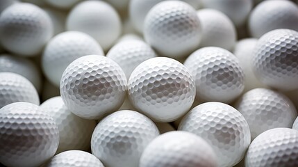 Close-up flat background many white golf balls . - obrazy, fototapety, plakaty