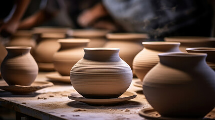 Fototapeta na wymiar Craft ceramics jug potter clay handmade art bowl vase pottery pot brown