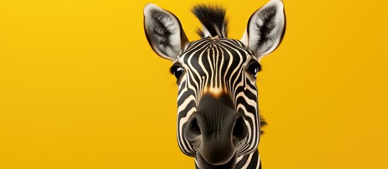 a close up of a zebra's face on a yellow background - obrazy, fototapety, plakaty