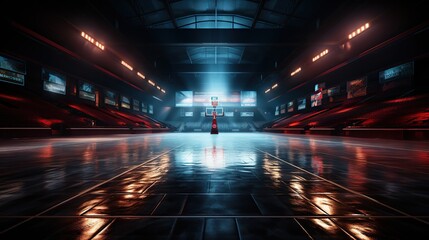 A cinematic and realistic high-ceiling basketball court in the night.
