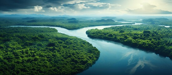 Aerial drone view, the bend of the river with stretches of deep forest.