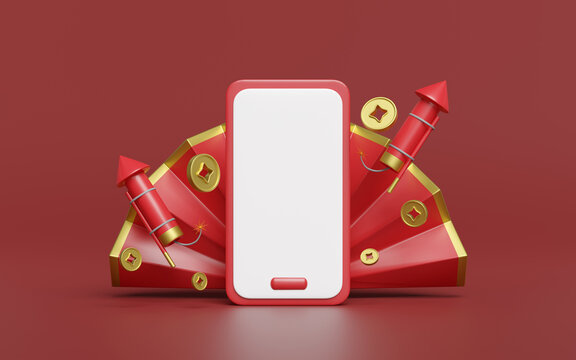 3d mobile phone, smartphone with fan, firework rocket, chinese coin for festive chinese new year holiday. 3d render illustration