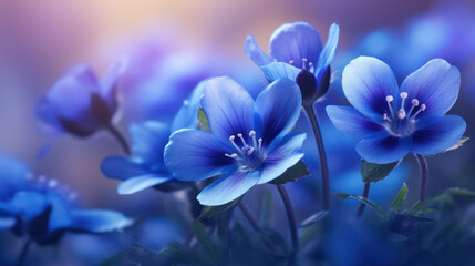 Vivid blue Hepatica flowers bloom with a soft glow, highlighting the delicate beauty of spring wildflowers.