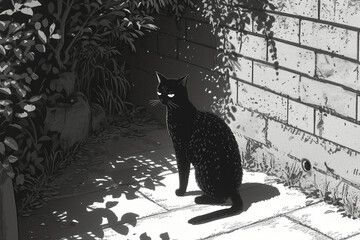 black cat, handdraw，Japanese comics，anime style