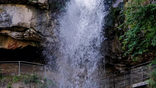 Panoramic View over Giessbach Waterfall with Elevated Walkway in a Sunny Summer Day in Giessbach, Brienz, Bernese Oberland, Bern Canton, Switzerland, Europe