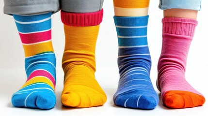 Odd socks day concept. Children's legs in different socks on a white background. - obrazy, fototapety, plakaty