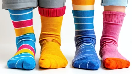 Foto op Plexiglas Odd socks day concept. Children's legs in different socks on a white background. © Taborisova