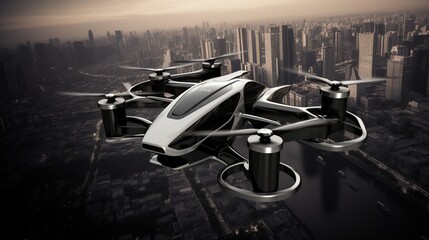 Drone with action camera Flying Sky under City. Modern Megapolis Background. Black and white colors.