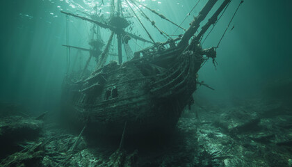 Abandoned ship wreck in the sea, underwater landscape