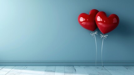  a couple of red heart shaped balloons hanging from the side of a blue wall next to a white wooden floor.