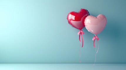 a couple of heart shaped balloons floating on top of a blue and pink wall with a pink ribbon on the end of the balloon.