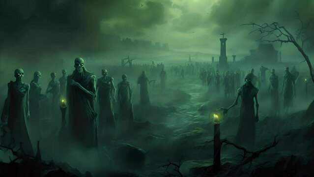 An army of skeletal zombies bathed in a foggy green light march menacingly through a graveyard.