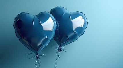  a pair of blue heart shaped balloons on a blue background with a bow on the end of the balloon and a heart - shaped balloon on the end of the balloon.