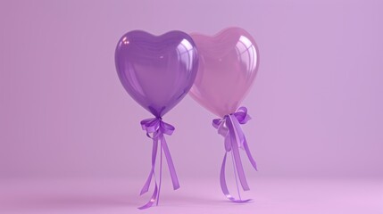  a pair of heart shaped balloons tied to a string with a bow on the end of each of the balloons.