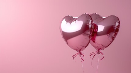  a couple of heart shaped balloons sitting on top of a pink table with a pink wall in the back ground.