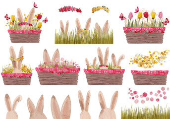 Easter set with basket, rabbit and flowers. Digitally hand painted PNG transparent illustrations