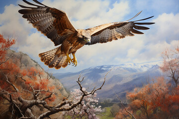 Obraz premium Red-tailed buzzard, Chicken Hawk, Mouse Hawk, Hen Hawk, Red-tail flying