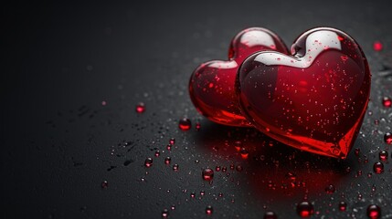  a couple of red hearts sitting next to each other on top of a black surface with drops of water on it.