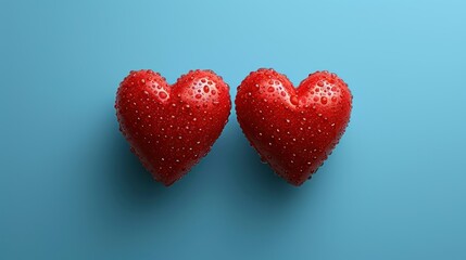  two heart shaped strawberries sitting side by side on a blue surface with a small amount of water droplets on them.