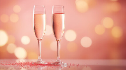 Elegant champagne flutes on a pink bokeh light background, symbolizing celebration and romance.