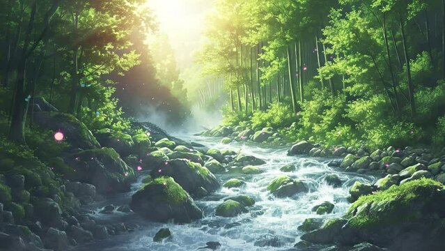 nature anime landscape with the river in the forest, looping animation background