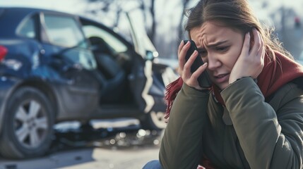 A young woman Distraught, Holding His Head in Despair, With her Damaged Car from the Accident Nearby.Uninsured motorist coverage concept. - obrazy, fototapety, plakaty